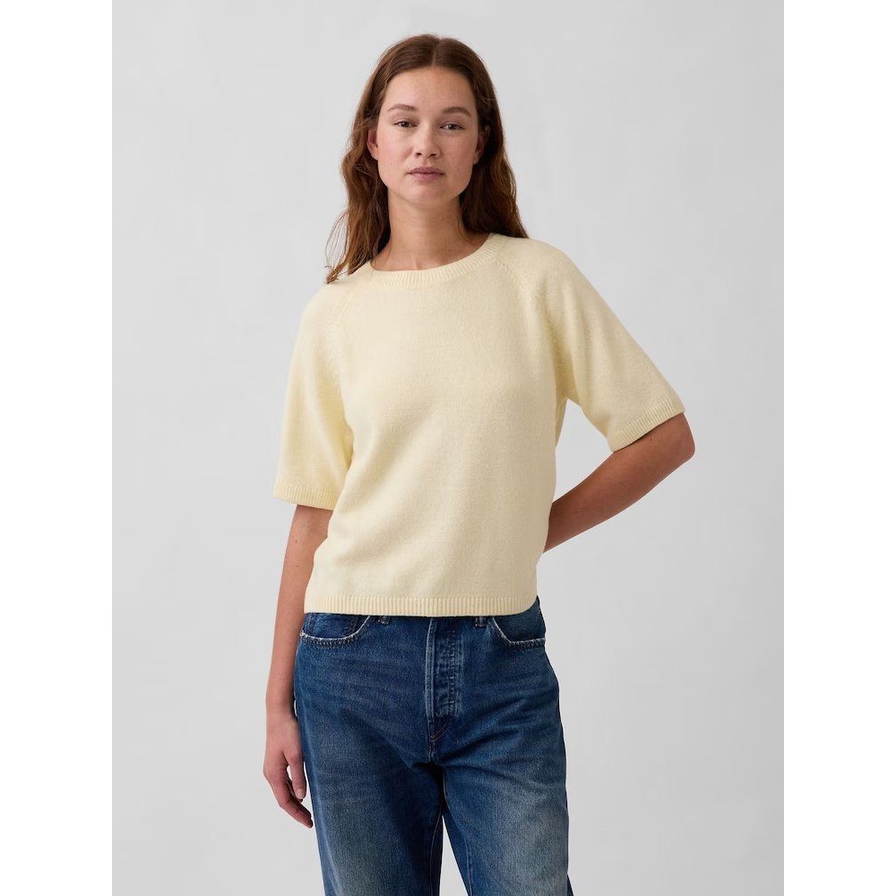 NEW Gap Ribbed Knit CashSoft Crew Neck Raglan Jumper T-Shirt Yellow Small